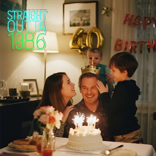 Miniatura 7 de Straight Outta - Letreros de neón de 1986 con texto en inglés "Happy Birthday", lámpara brillante para 40 años, 40 años, luces de neón retro