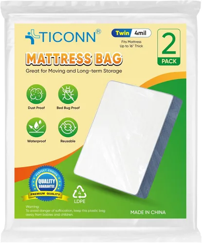 Miniatura 13 de TICONN 2PK Bolsa de plástico para colchón para mudanza y almacenamiento, cubierta protectora impermeable para colchón, suministros resistentes
