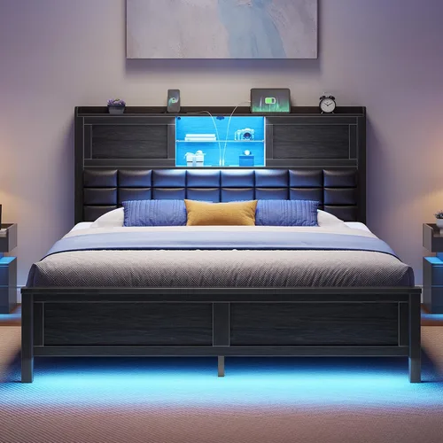 Miniatura 10 de Rolanstar Armazón de Cama Tamaño Twin con Estación de Carga, Cama con Cabecera Estantería con Luz LED y Puertas Corredizas, Cama de Plataforma