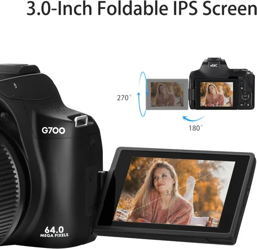 Miniatura 8 de Cámara digital 4K para fotografía y video, cámara de zoom óptico 12X con pantalla abatible, pantalla táctil WiFi de 64 MP con flash, tarjeta de 64
