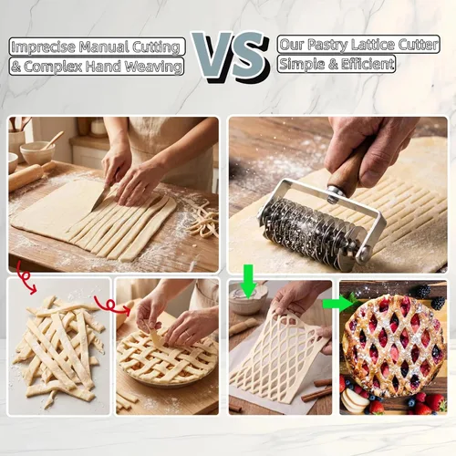 Miniatura 3 de Cortador de Rodillo de Enrejado para Repostería - Enrejado de Masa de Acero Inoxidable para Tartas, Pizza, Pan, Beef Wellington, Cortador de Rodillo