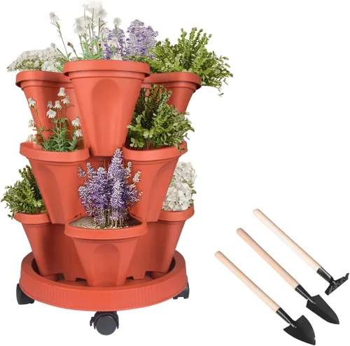 Miniatura 13 de Macetas apilables de polipropileno DUNCHATY, de 5 niveles, verde pino, para interior/exterior, 29" de altura x 13.6" de diámetro 2-1 Paquete
