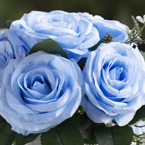Miniatura 4 de ENOVA FLORAL 9 cabezas de rosas artificiales en jarrón, rosas falsas con jarrón de cristal para decoración (azul)