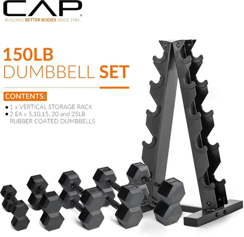 Miniatura 26 de CAP Barbell Juego de mancuernas hexagonales recubiertas de 150 libras con estante vertical Múltiples opciones Estante azul