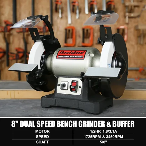 Miniatura 9 de BUCKTOOL Amoladora de banco de doble velocidad de 8 pulgadas y pulidor, amoladora de banco profesional de alta y baja velocidad con base de hierro