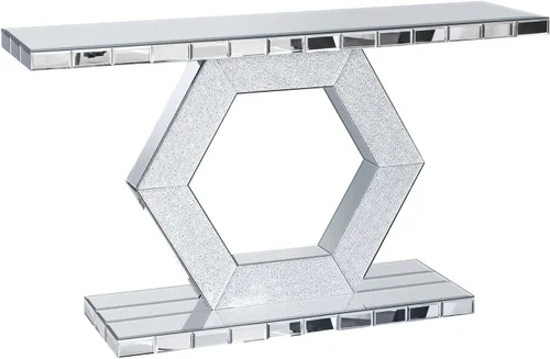 Miniatura 9 de Mesa consola con espejo de 55 pulgadas, mesa larga para sofá de sala de estar, oficina, detalles de cristal de diseño hexagonal, moderno escritorio