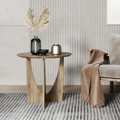 Miniatura 2 de Mesa auxiliar redonda, mesa auxiliar estética moderna con chapa de roble, mesa decorativa de madera para sala de estar, dormitorio (A, natural)
