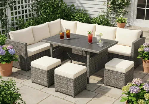 Miniatura 14 de Tangkula Juego de muebles de patio para 6, 7 piezas para todo tipo de clima, sofá seccional de mimbre de polietileno resistente con mesa de comedor