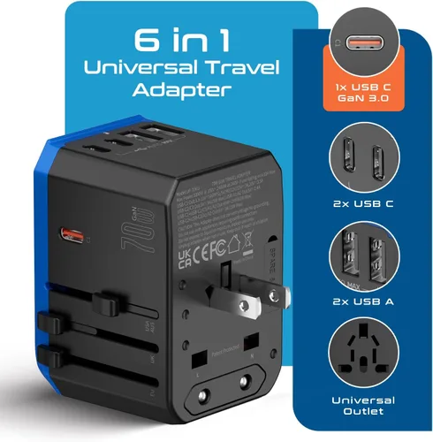 Miniatura 2 de Ceptics Adaptador de enchufe de viaje internacional mundial de 70 W - Potente tecnología GaN con Pd y QC 3.0 Dual 3X USB-C Power - 2 puertos USB