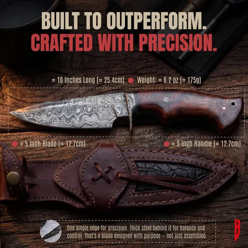 Miniatura 4 de BIGCAT ROAR Predator Hunter Cuchillo de caza patentado hecho a mano de acero de damasco de hoja fija de 10 pulgadas, mango de madera de nogal