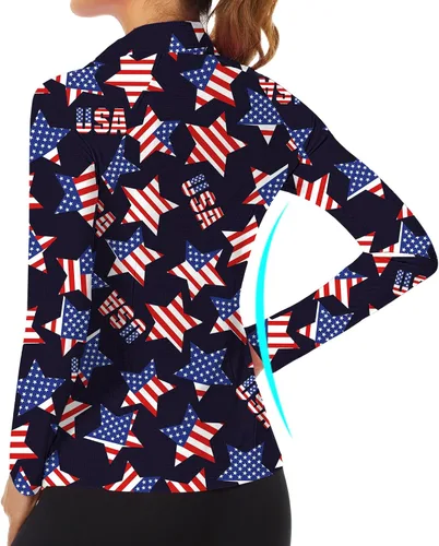 Miniatura 26 de WOWENY Camiseta deportiva de manga larga para mujer, con cremallera de un cuarto, cuello para entrenamiento, camiseta de tenis con estampado