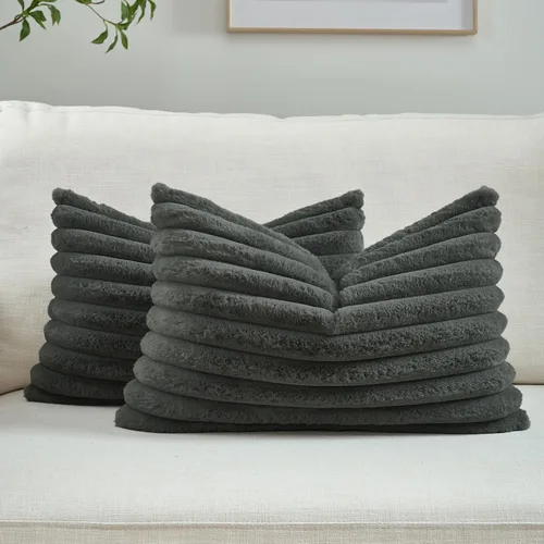Miniatura 7 de FUTEI - Juego de 2 fundas de almohada decorativas con rayas, cuadradas, para invierno, piel sintética de conejo suave y acogedora y respaldo