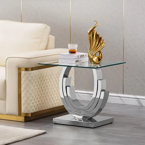 Miniatura 70 de Mesa de centro de cristal de lujo, mesa de centro de sofá de 47 pulgadas con marco de acero inoxidable dorado y parte superior de vidrio negro, mesa