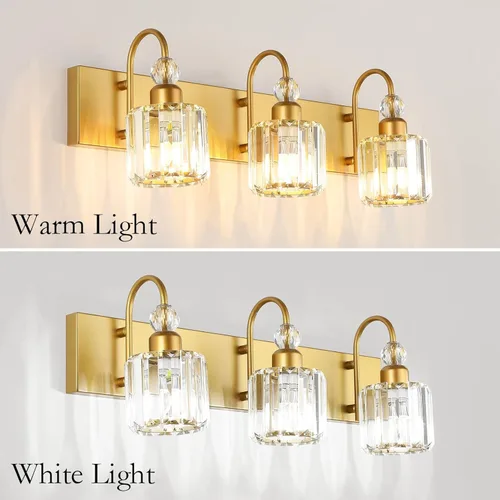 Miniatura 3 de Ralbay Luces doradas para tocador de baño, 3 luces, luces de tocador de cristal dorado sobre el espejo, accesorios de iluminación de tocador de baño
