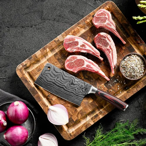 Miniatura 7 de Sunnecko Cuchillo de carnicero de 7 pulgadas, cuchillo chino de acero inoxidable de alto carbono con mango de madera, cuchilla afilada para carne