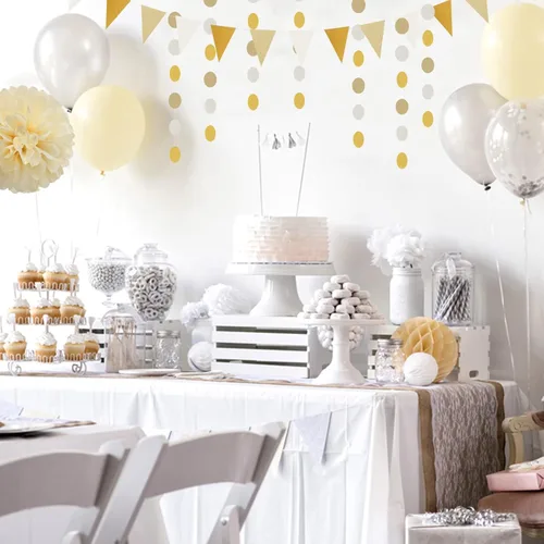 Miniatura 5 de Decoraciones de Fiesta de Champán de Oro Blanco - 23 piezas Pompones de Papel de Seda Serpentinas, Guirnalda de Borlas de Boda de Compromiso