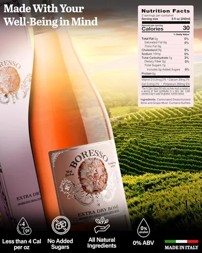 Miniatura 2 de Boresso Extra Dry 0.0% ABV Vino rosado espumoso sin alcohol con caja de regalo alternativa de champán sin alcohol desalcoholizado de Italia 25.4 fl