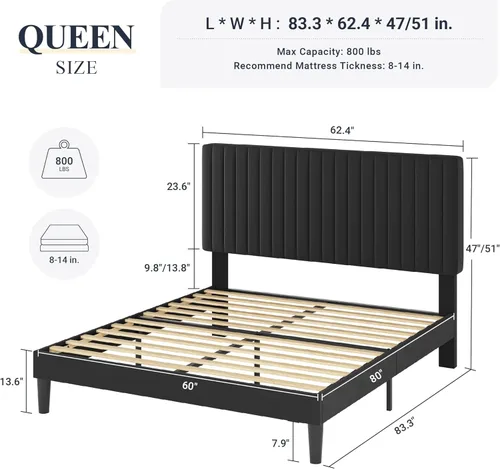 Miniatura 2 de Allewie Base de cama tamaño Queen, plataforma tapizada de terciopelo con cabecera capitonada de canal vertical, base de colchón con listones de Negro
