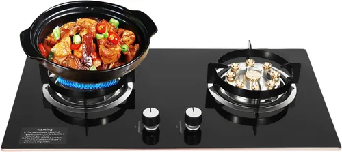 Placa de cocina de gas integrada de 5.2 KW, estufa natural de alta potencia con doble quemador, vidrio templado con protección contra llamas, para