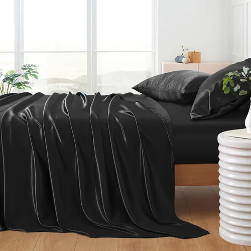 Miniatura 7 de Juego de sábanas de satén de 4 piezas de color negro tamaño individual, juego de ropa de cama de satén sedoso negro con 1 sábana encimera de satén