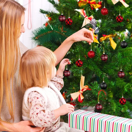 Miniatura 3 de 24 bolas de Navidad para árbol, adornos de Navidad rojos y negros de 1.2 in/1.18 pulgadas, bolas de lentejuelas con purpurina, decoración de árbol