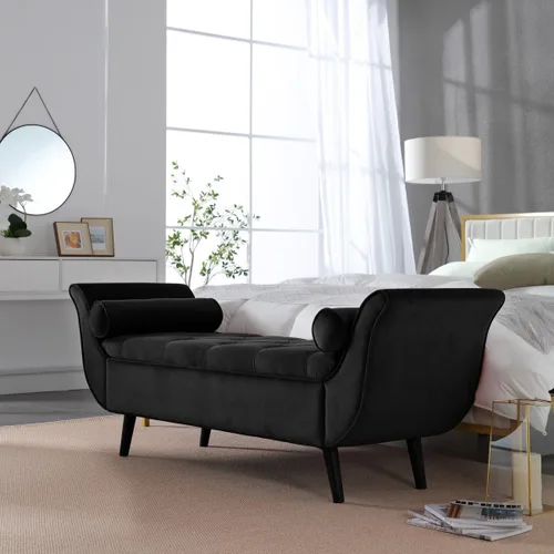 Miniatura 4 de Banco de almacenamiento de terciopelo para dormitorio, extremo de la cama con 2 almohadas, banco otomano tapizado con botones copetudos, reposapiés