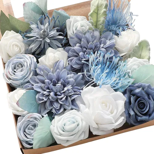Miniatura 29 de Floroom - Flores artificiales de aspecto real en color lila, lavanda, púrpura y crema, rosas falsas, dalias y vegetación en conjunto de caja