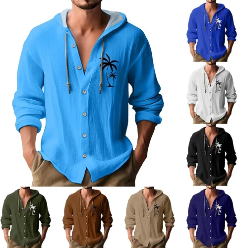 Miniatura 2 de Camisas de manga larga con botones para hombre, camisa con capucha a rayas verticales, casual, para vacaciones, verano, ligera, con cordón Z21