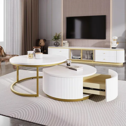 Miniatura 20 de Mesa de café redonda, mesa de café moderna de 31.5" con 2 cajones grandes de almacenamiento, tapa de mesa con patrón de mármol, mesa central