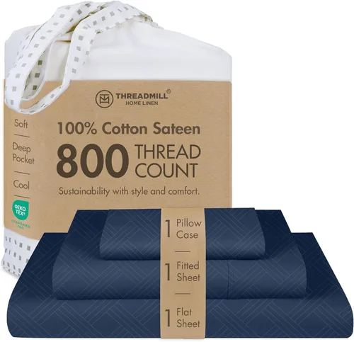 Miniatura 47 de Threadmill - Juego de sábanas de lujo de 800 hilos, tamaño matrimonial, 100 % algodón, tejido satinado azul folkstone, mejor que el algodón egipcio