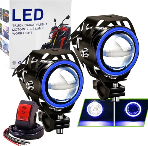 Ourbest Luces antiniebla para motocicleta con interruptor, 12 V/24 V, 3 pulgadas, luz auxiliar de halo para ATV, scooter, camiones, luces Azul