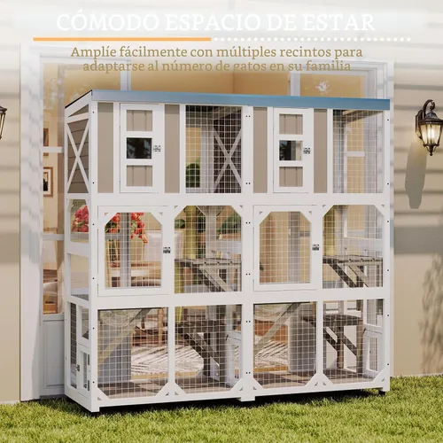 Miniatura 7 de Ketive Catio grande de madera para exteriores de 64", casa para gatos de ventana con ruedas y 3 plataformas, jaula para gatitos con techo resistente