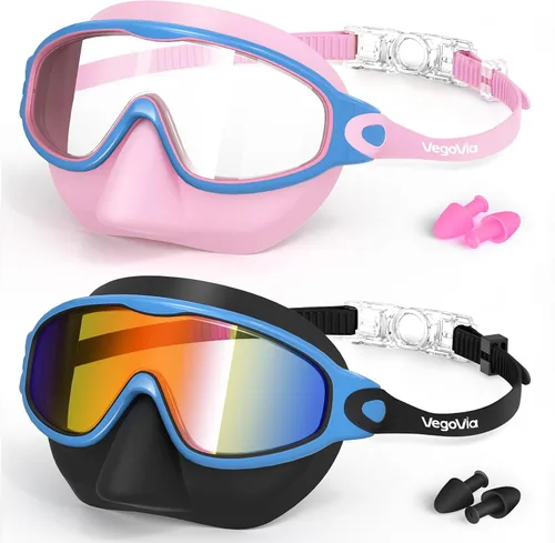 VegoVia Paquete de 2 gafas de natación para niños con cubierta para la nariz, gafas de natación antivaho con protección UV para niños y jóvenes de 3