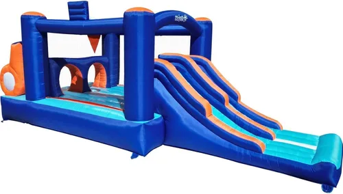 Miniatura 3 de Casa de Rebote Inflable con Pista de Obstáculos para Niños - 2 Toboganes de Carreras, Área de Salto, Túnel y Paredes de Escalada con Soplador