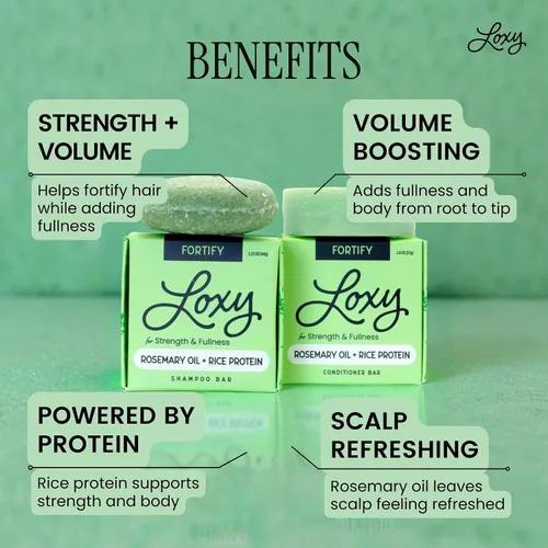 Miniatura 3 de Loxy Fortify - Juego de jabón en barra de champú y acondicionador Aceite de romero, litsea y pomelo Proteína de arroz, ginseng y cafeína