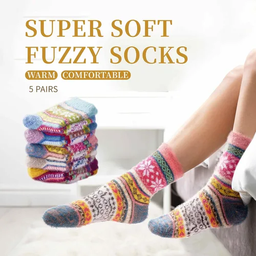 Miniatura 8 de SISOSOCK Paquete de 5 calcetines gruesos y suaves para mujer, de lana de invierno, esponjosos, acogedores, casuales, para el hogar, con caja