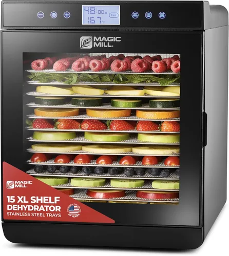 Magic Mill - Máquina deshidratadora de alimentos premium (15 bandejas extra grandes de acero inoxidable) Secador de 800W para cecina de ternera,