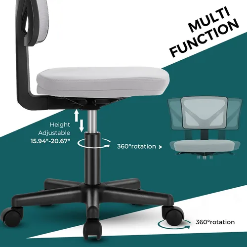 Miniatura 8 de DUMOS Sillas de oficina pequeñas con ruedas, ergonómicas ajustables para escritorio doméstico, silla giratoria rodante de trabajo sin brazos, Gris
