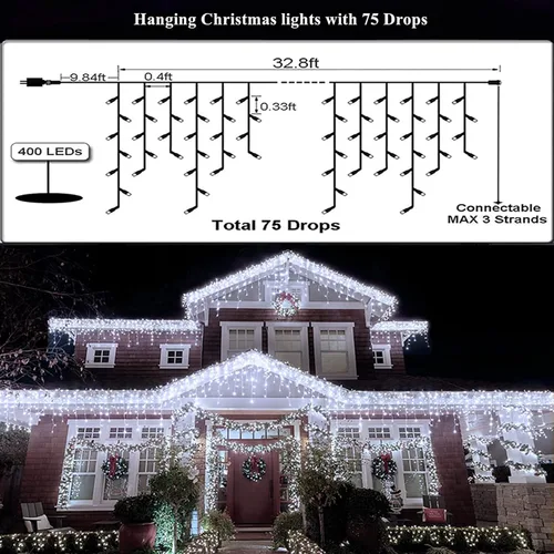 Miniatura 4 de Luces LED de Navidad para exteriores, decoraciones de Navidad, luz colgante de 400 LED, 8 modos, 75 gotas, impermeable, para interiores