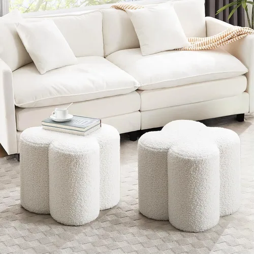 Miniatura 18 de Zesthouse Juego de 2 puf otomanos de flores, reposapiés de tela de lino beige para sofá, taburetes modernos para sala de estar, bonita otomana