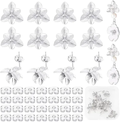 Miniatura 6 de Beebeecraft 1 caja de 14 piezas de aretes de flor chapados en oro de 18 quilates tridimensionales con lazo y parte trasera para hacer joyas Dorado