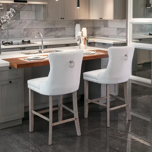 Miniatura 9 de Juego de 2 Sillas de Comedor, Modernos Taburetes de Bar Tapizados de Terciopelo con Decoración de Botones Capitoné y Patas de Madera, Ribete
