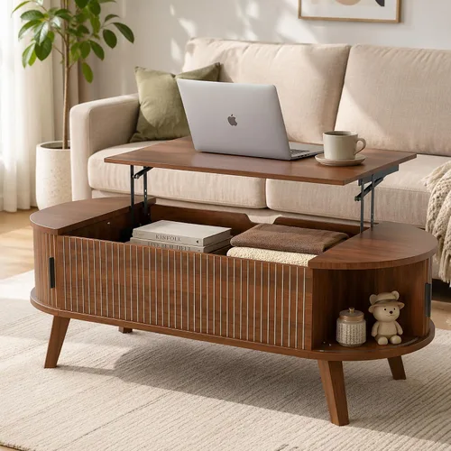Miniatura 11 de Mesa de centro acanalada con tapa elevable y almacenamiento oculto, mesa de centro ovalada con tapa elevable, diseño moderno de mediados de siglo