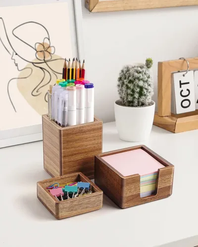 Miniatura 4 de Juego de organizador de escritorio de madera de acacia con soporte para notas adhesivas, vaso para lápices y bolígrafos y almacenamiento de clips