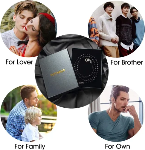 Miniatura 6 de Collar de cuentas de ónix negro para hombre, piedras preciosas naturales curativas, joyería de cristales curativos, 5055606527.6 in