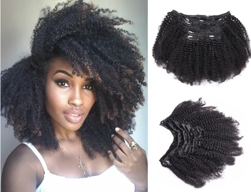 Ms Fenda Extensiones de cabello rizado afro 4B 4C con clip, cabello virgen brasileño Remy, color natural, 4.23 onzas, 7 unidades por juego (14