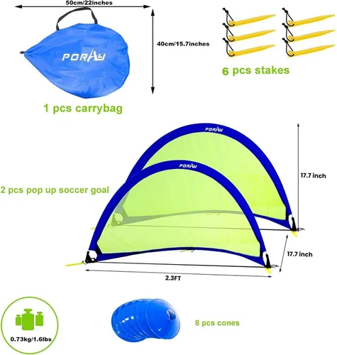 Miniatura 3 de Poray Soccer Goal for Kid Easy-up Set of Two Portable Soccer Net 210D Oxford with 8 Field Marker Cones Extra Stakes Fun for Backyard and Soccer Azul