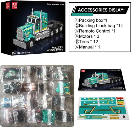 Miniatura 6 de Mould King 13201 - Juego de construcción de camión semirremolque, juguete de camión de plataforma plana con 3 motores, modelo de automóvil