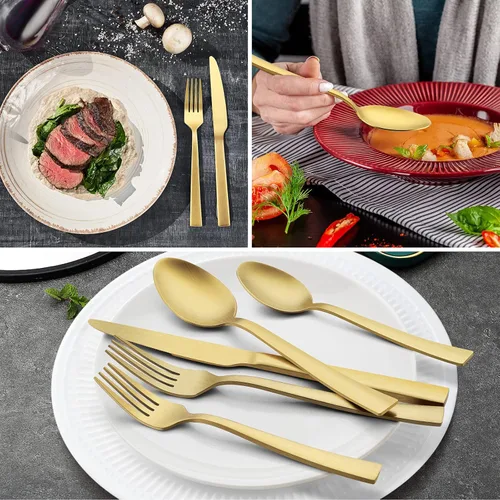 Miniatura 6 de E-far - Juego de cubiertos de 20 piezas de acero inoxidable mate para 4, cubiertos de metal para comer, incluye tenedores, cucharas, cuchillos, Oro