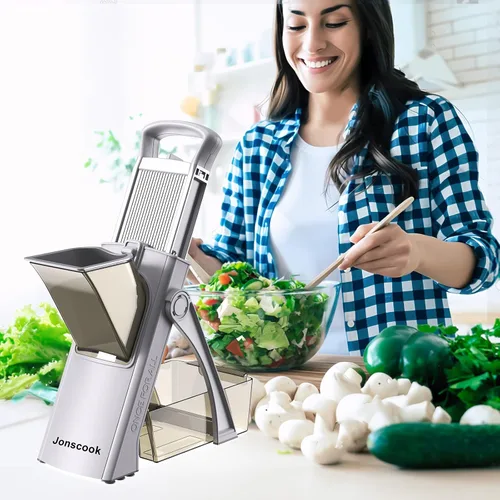 Miniatura 8 de Jonscook Recortadora de mandolina todo en 1 mejorada y segura para cocina, con espiralizador manual, picadora de alimentos con recipiente, picadora